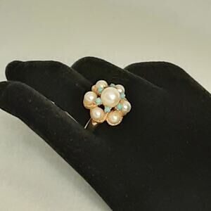 Avon 1972 Victorian Style Coctail Ring Faux Pearl Tiny Faux Turquoise Cluster
